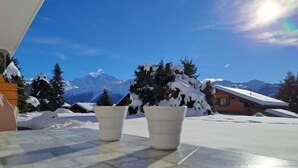 A snowy mountain landscape with a wooden cabin and two potted plants on a tiled patio.