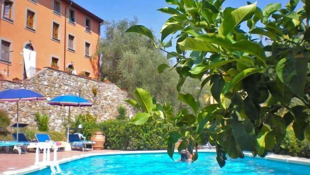 A swimming pool with lounge chairs and umbrellas, surrounded by greenery and a stone wall.