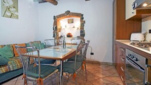 A cozy dining area with a stone fireplace, a kitchen with modern appliances, and a comfortable sofa.