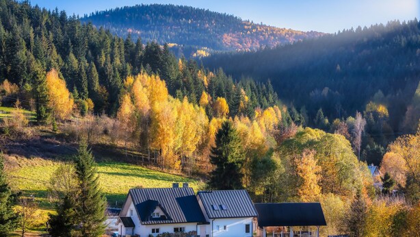 A house with a sloped roof and a fenced yard, surrounded by autumn-colored trees and a mountain in the background. - Willa Sonia by Interhome (Zawoja)