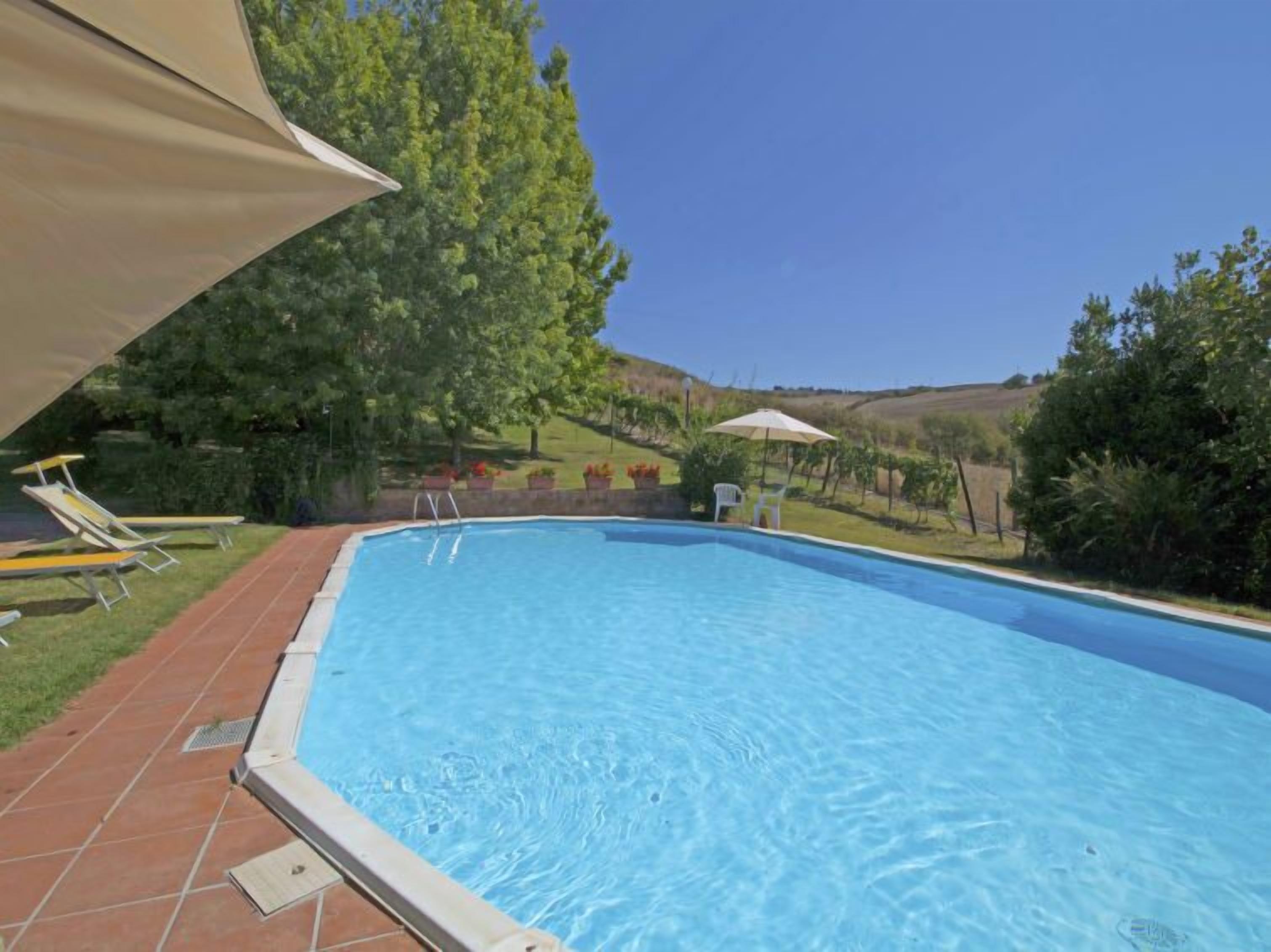 A rectangular swimming pool with a tiled deck, surrounded by trees and a grassy area.