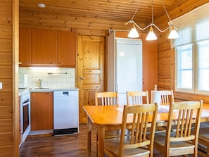 Enjoy meals in the kitchen with a central island and dining area, featuring a dishwasher and small oven.