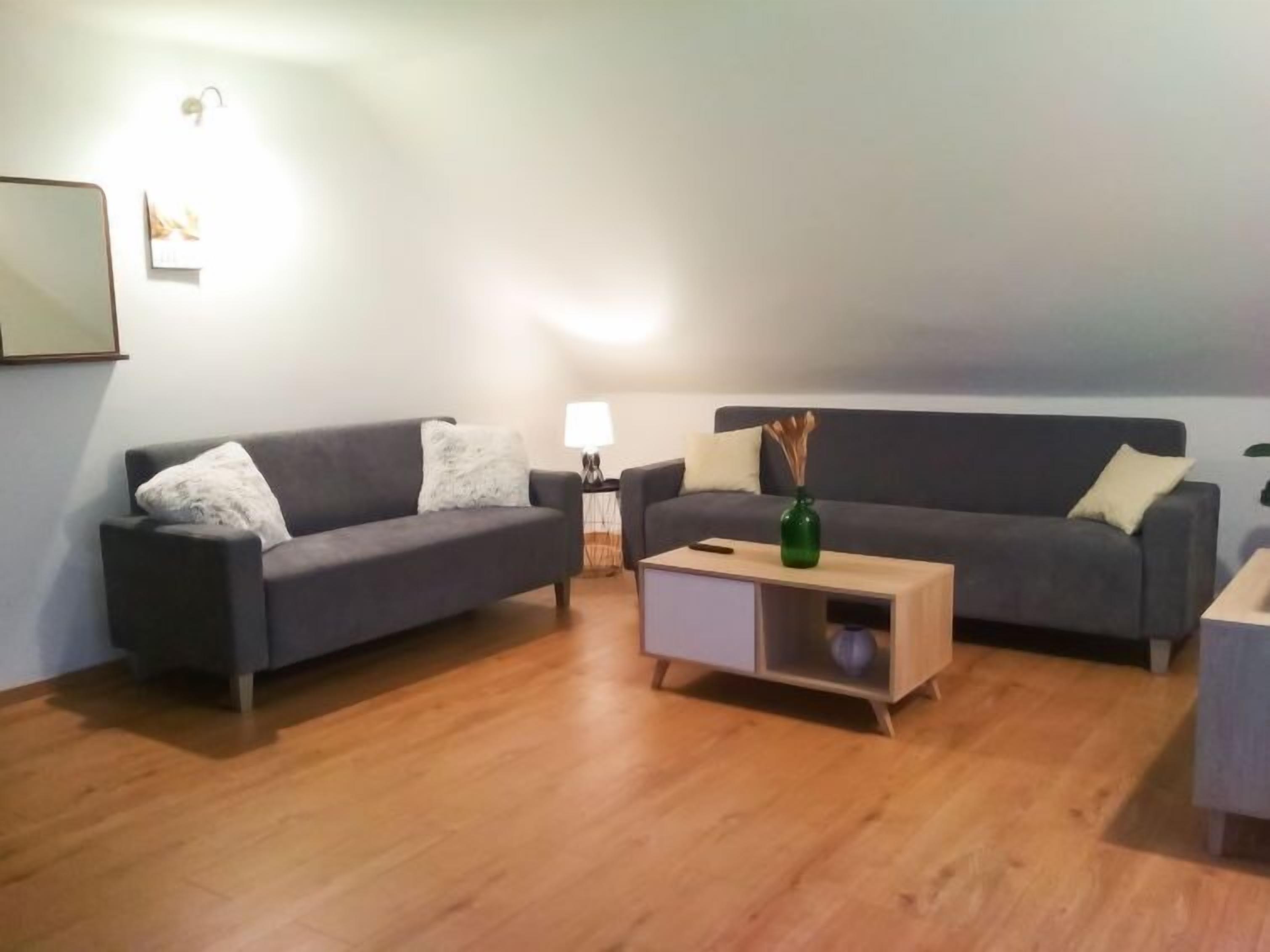 Un salon avec deux canapés gris, une table basse en bois et une petite table d’appoint avec une lampe.