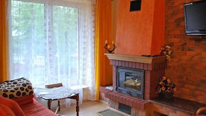 A cozy living room with a fireplace, a sofa, a table, and a window with curtains. - Mielno 2 by Interhome (Grunwald)