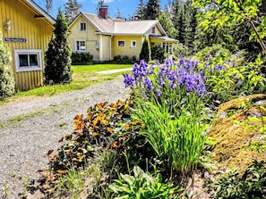 Una casa amarilla con camino de grava y un jardín de flores moradas.