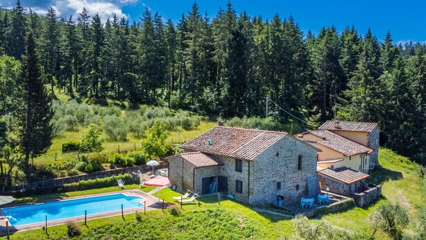 A stone villa with a swimming pool, surrounded by lush greenery and a forested backdrop. - Certina 4 by Interhome (Pontassieve)