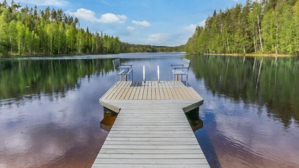 En träbrygga som sträcker sig ut i stilla vatten, omgiven av tät skog.