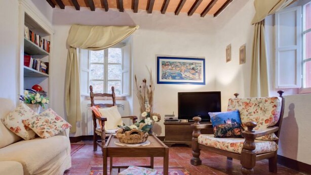 A cozy living room with a sofa, a chair, a coffee table, and a television. - San Bernardino by Interhome (Barga)