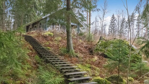 A wooden staircase leading up to a cabin in a forested area. - Mustikka by Interhome (Hämeenlinna)