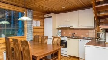 Fridge, microwave, dishwasher, cookware/dishes/utensils