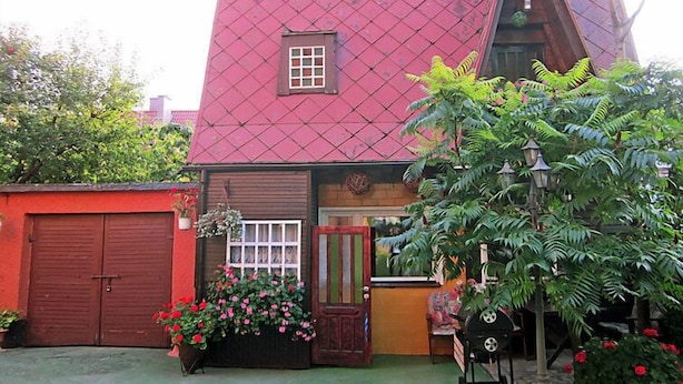 A house with a red roof, a small window, and a door. There are plants and flowers around the house.