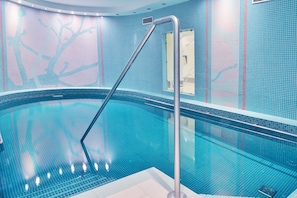 A swimming pool with a tiled interior, a metal ladder, and a wall with a tree design.