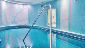 A swimming pool with a tiled interior, a metal ladder, and a wall with a tree design.