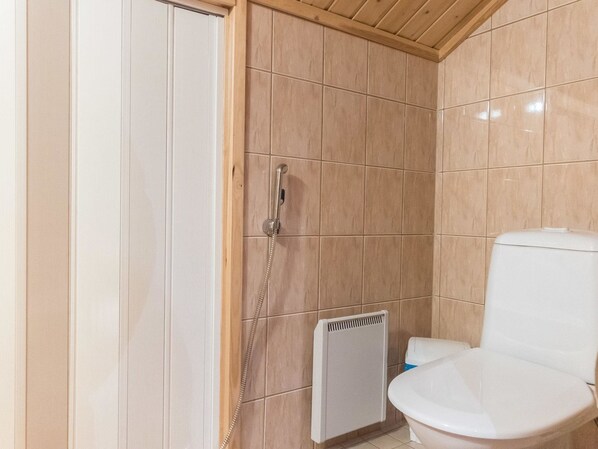 A bathroom with a shower, toilet, and radiator.