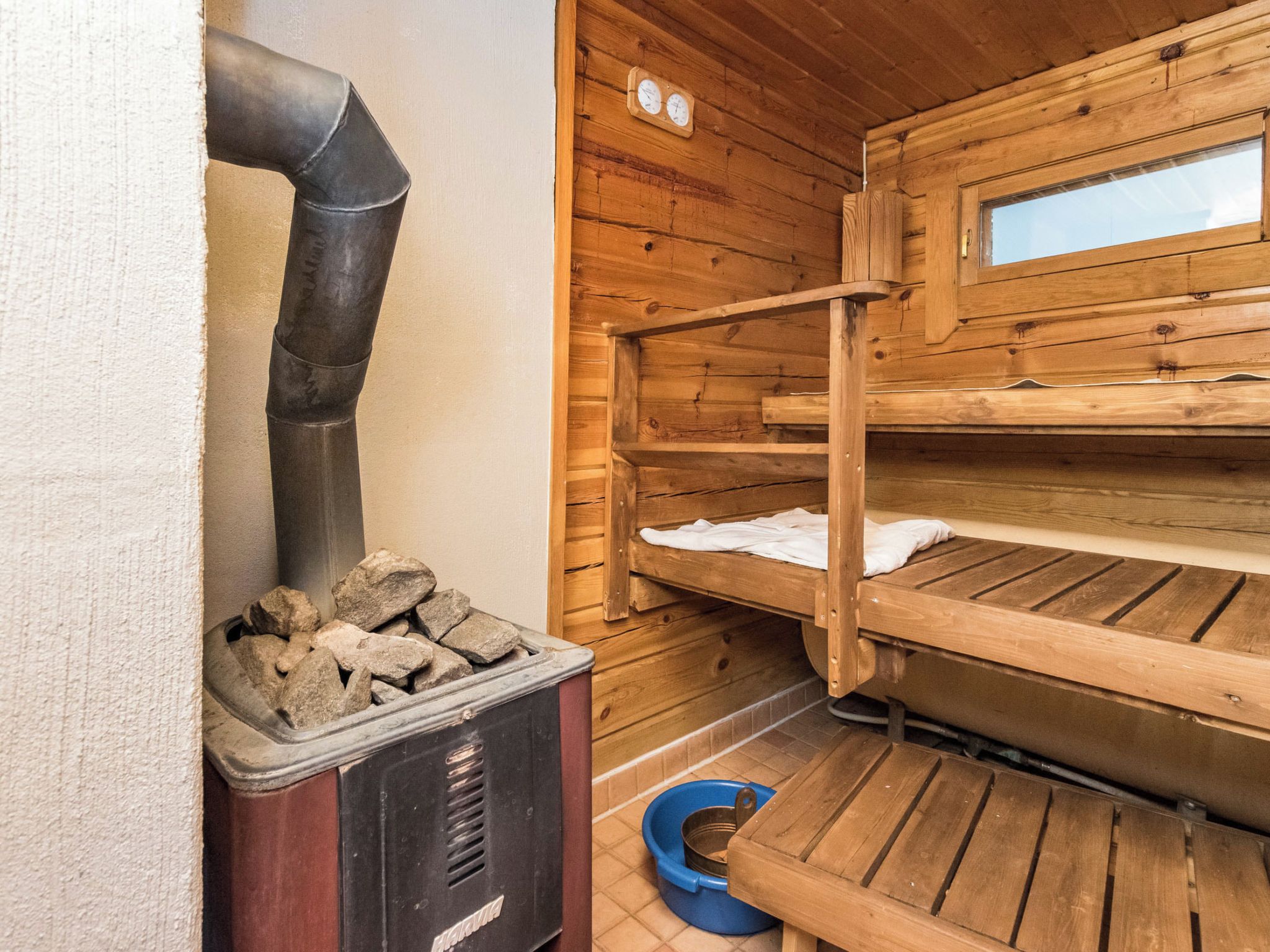 A sauna with wooden benches, a stone heater, and a blue basin.