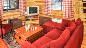 Een gezellig interieur van een chalet met houten details, een televisie, een bank en een salontafel.