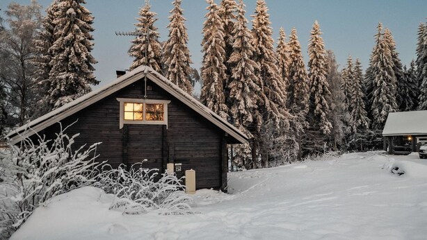 Een houten blokhut met een schuin dak, omgeven door met sneeuw bedekte bomen en een heldere lucht.