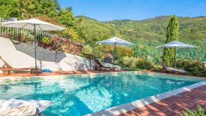 Une piscine entourée de verdure et de collines, avec des chaises longues et des parasols.