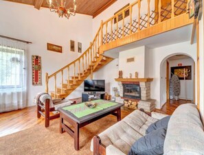 Télévision, cheminée, lecteur de DVD