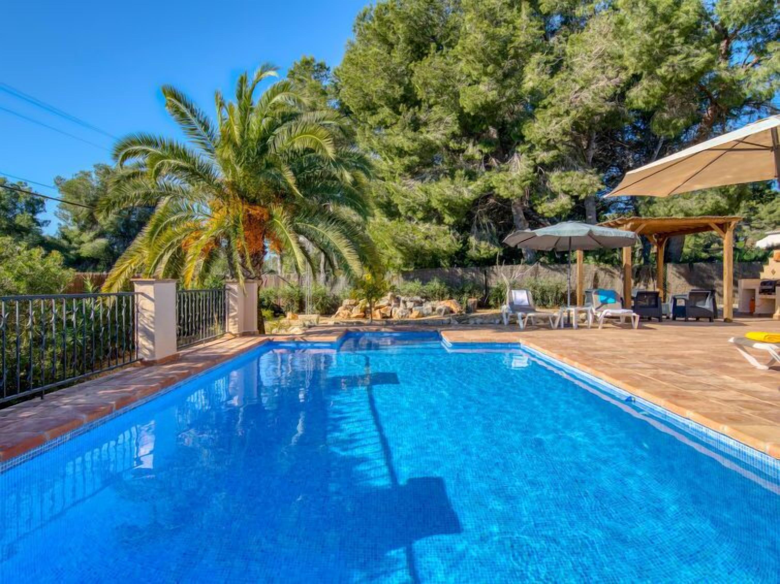 Une piscine rectangulaire à l’eau d’un bleu cristallin, entourée d’une terrasse en bois et de chaises longues.