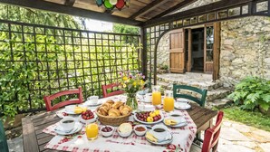 Une table en bois, dressée pour le petit-déjeuner, avec une corbeille de croissants et un saladier rempli de fruits.