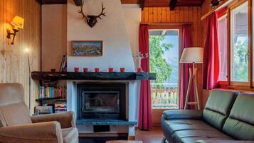 Télévision, cheminée, lecteur de DVD