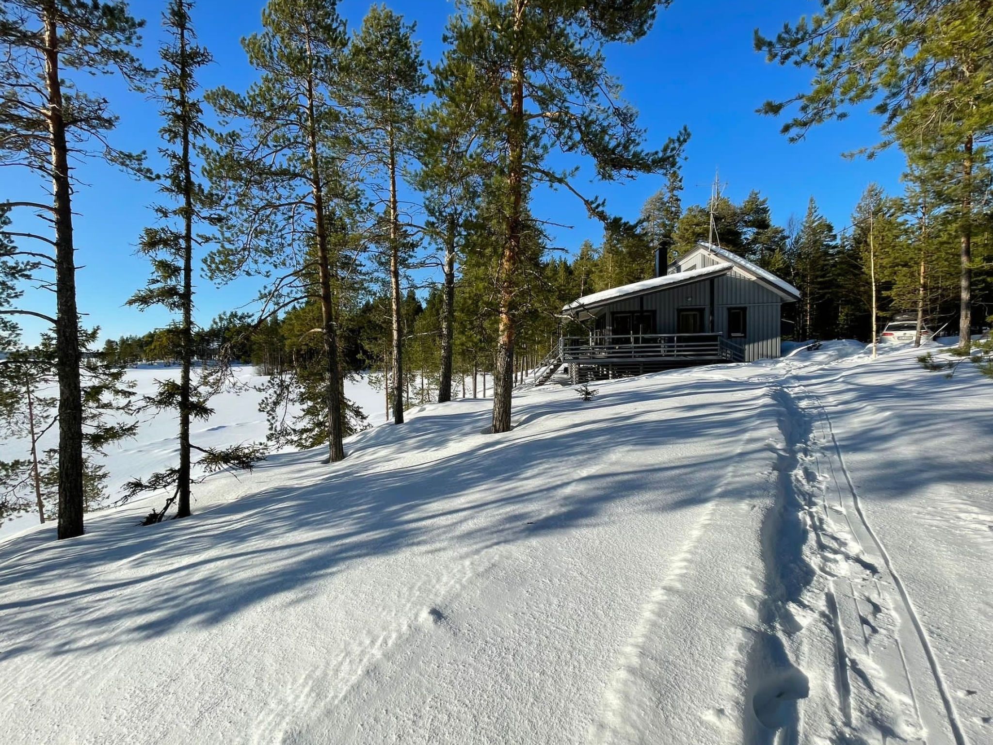 Een blokhut omgeven door een met sneeuw bedekte grond en hoge dennenbomen.