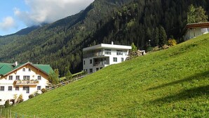 A modern two-story building with a balcony, surrounded by lush green hills and dense forest. - Collina by Interhome (See)