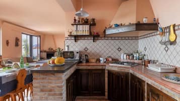 Fridge, microwave, oven, cookware/dishes/utensils