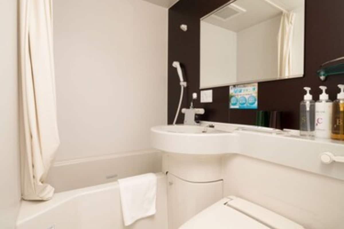 combined shower/bathtub, free toiletries, hair dryer, slippers