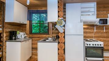 Fridge, microwave, high chair, cookware/dishes/utensils