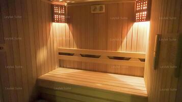 A sauna room with wooden benches and a bench at the bottom.
