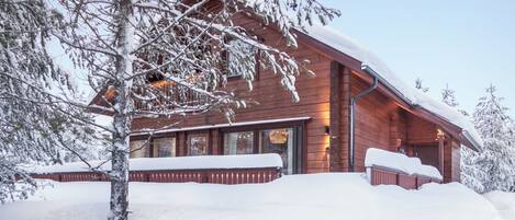 Una baita di legno con un'ampia finestra e un tetto imbiancato dalla neve.