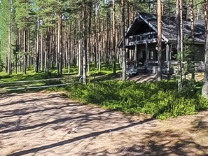 Una cabana al bosc amb un camí de terra que hi mena.