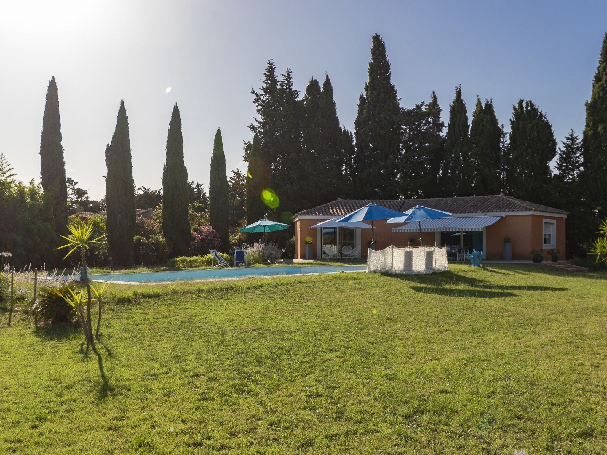 A house with a swimming pool, surrounded by tall trees and a well-maintained lawn.