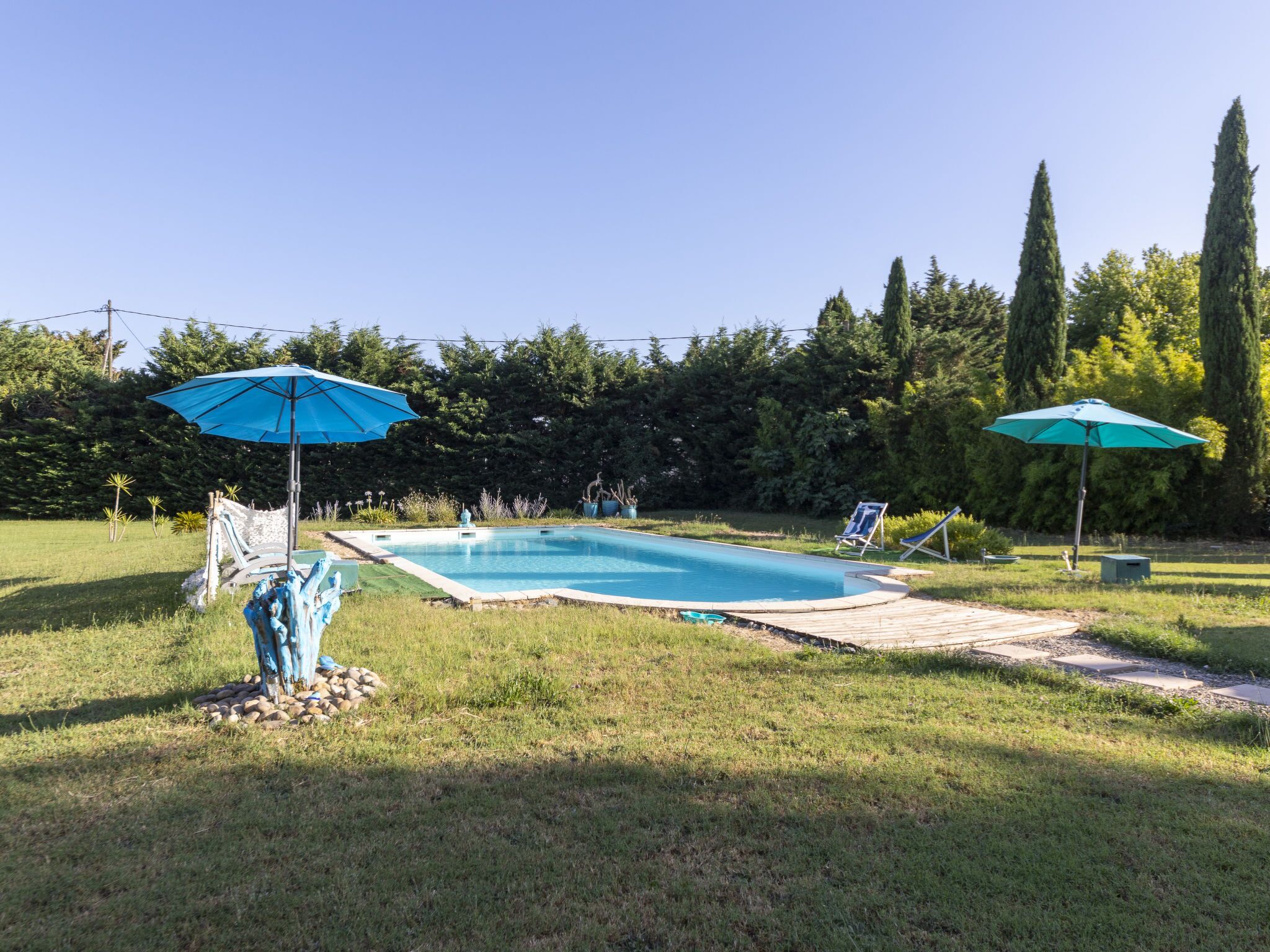 A rectangular swimming pool with two blue umbrellas, surrounded by a grassy area and trees.