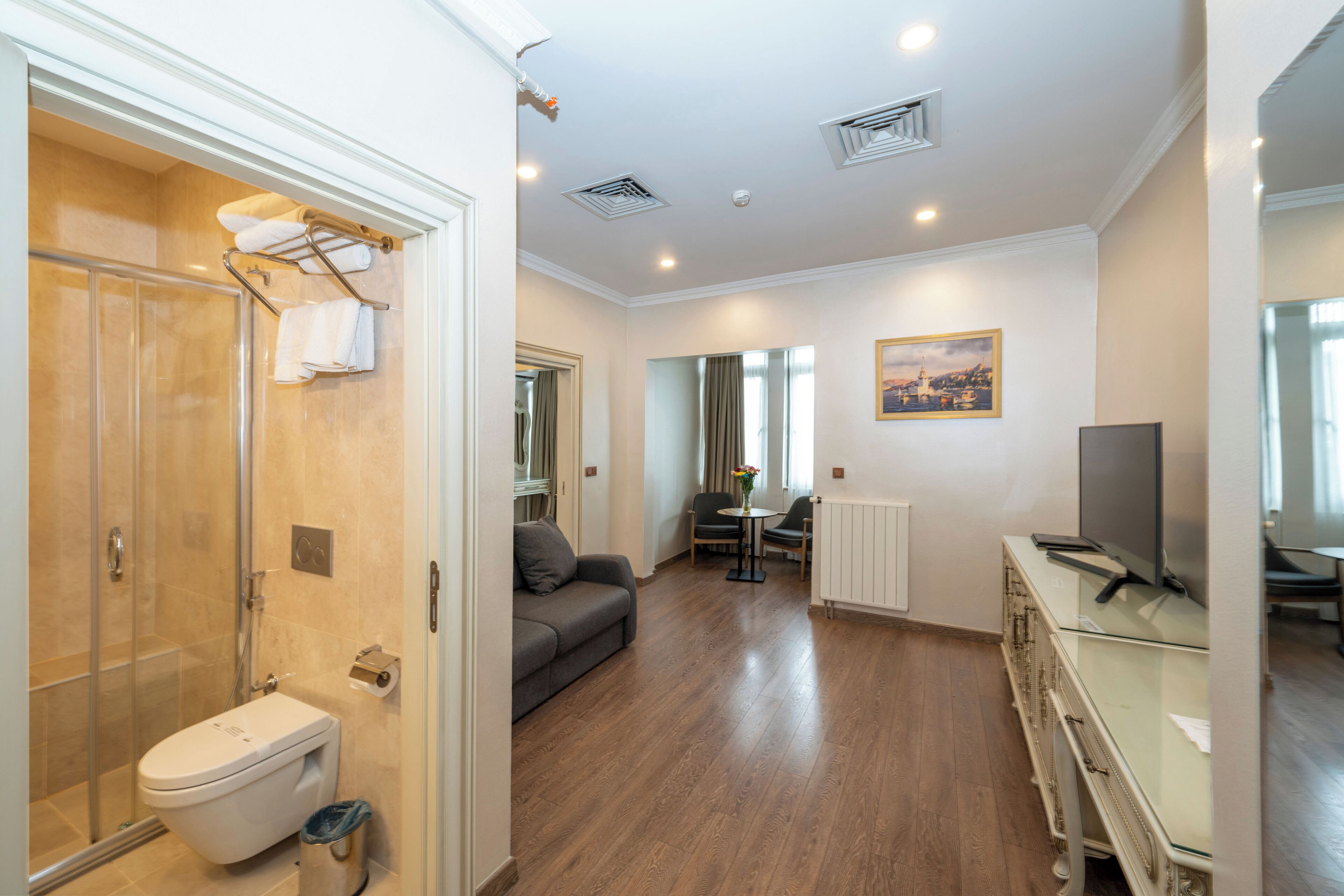 A modern bathroom with a glass shower enclosure, a toilet, and a towel rack.