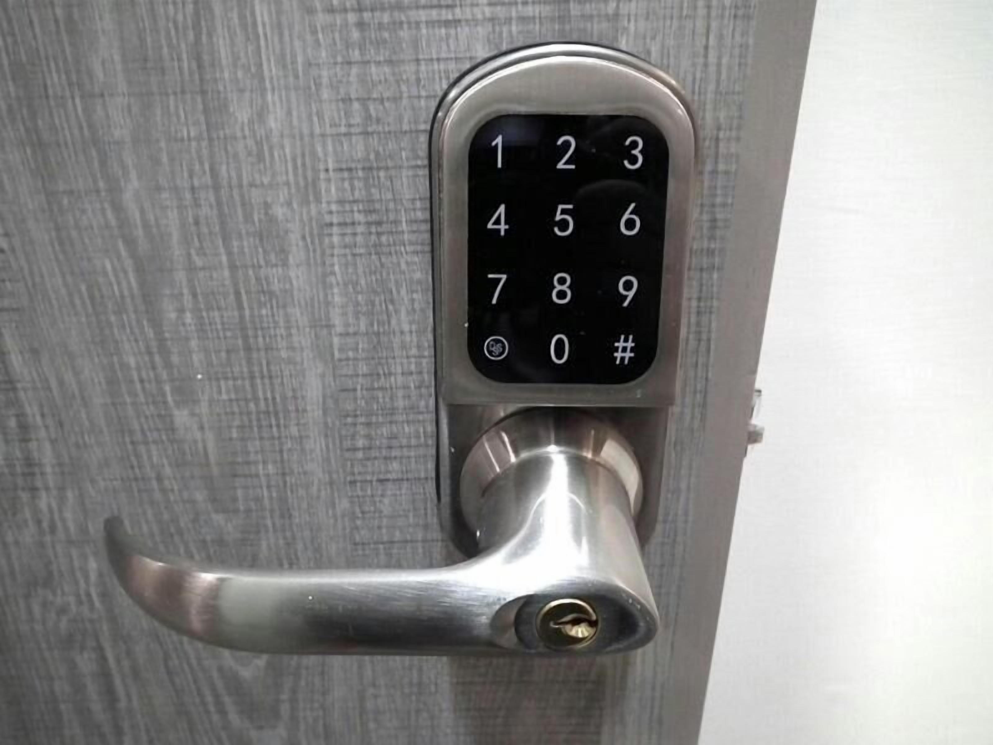 A numeric keypad door lock.