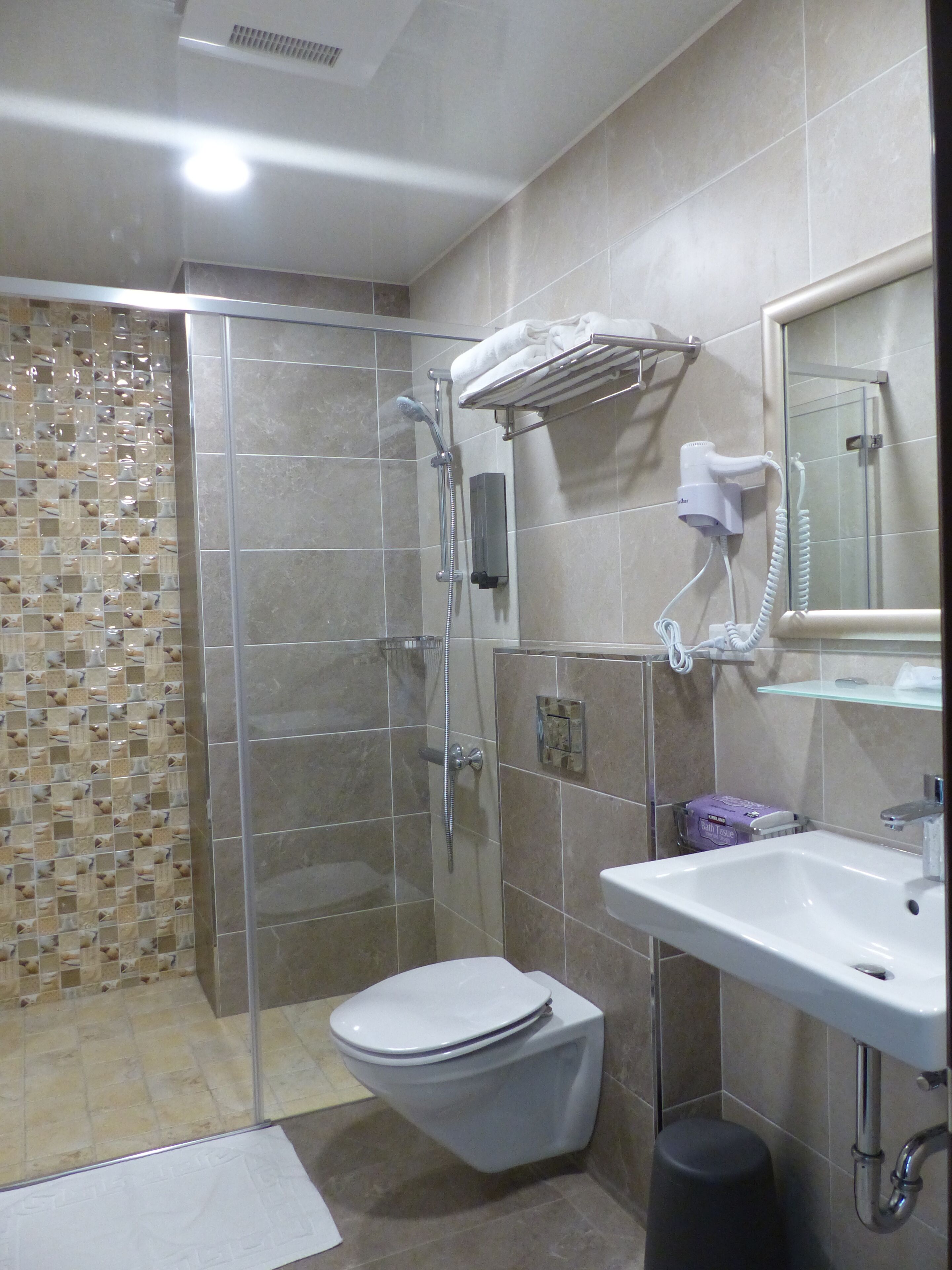 A bathroom with a shower, toilet, sink, and a towel rack.