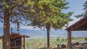 Un espace extérieur rustique agrémenté d’une pergola en bois, de sièges et de plantes en pot.
