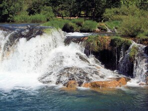 Ein Wasserfall stürzt über Felsen in einer natürlichen Umgebung, im Hintergrund dichtes Grün.