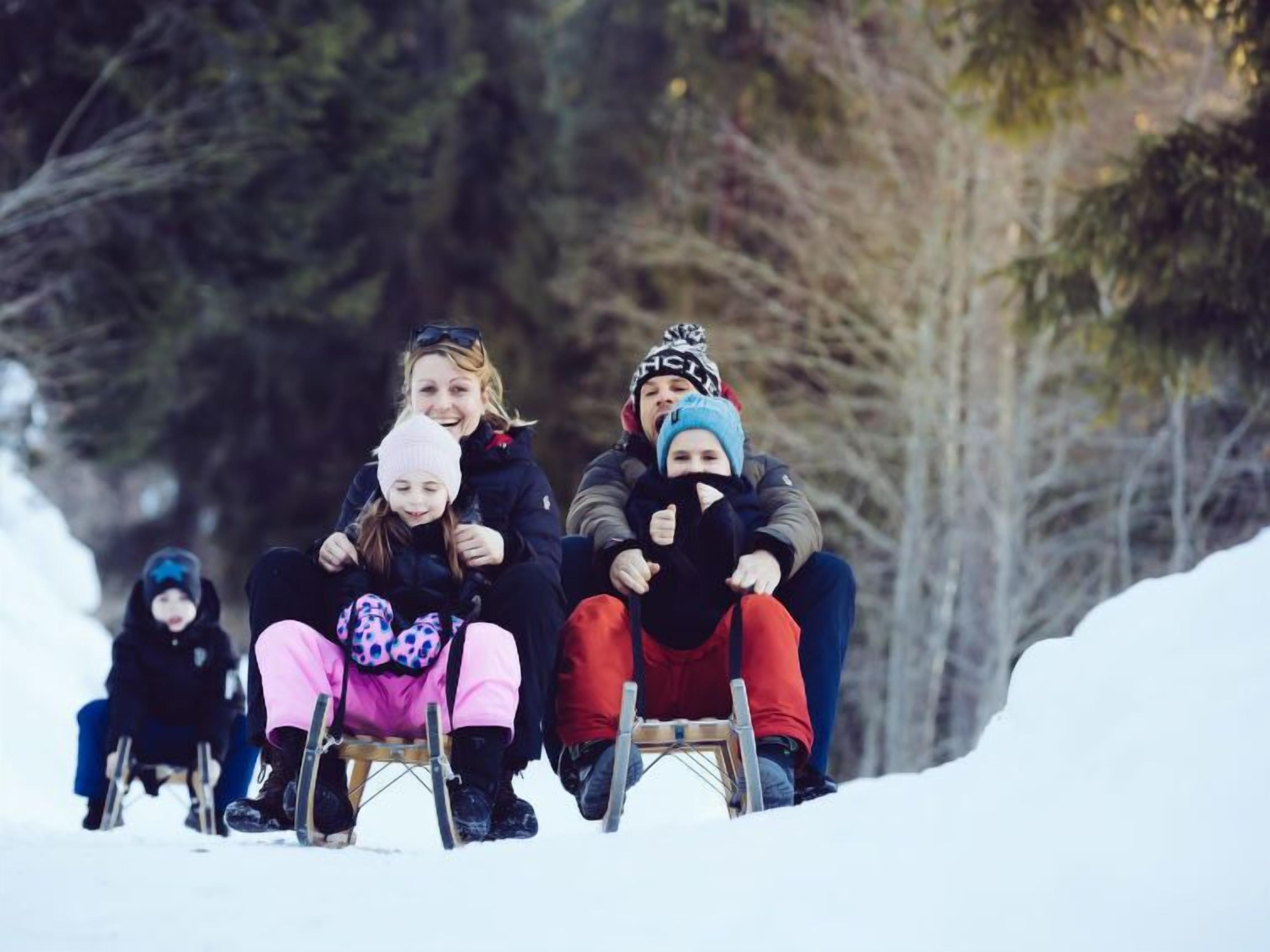 Un groupe de personnes dévalent une pente enneigée en luge.