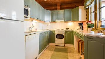 Fridge, microwave, dishwasher, cookware/dishes/utensils