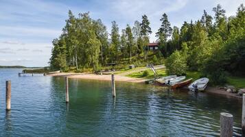 A lakeside property with docked boats, a sandy beach, and a forested area.