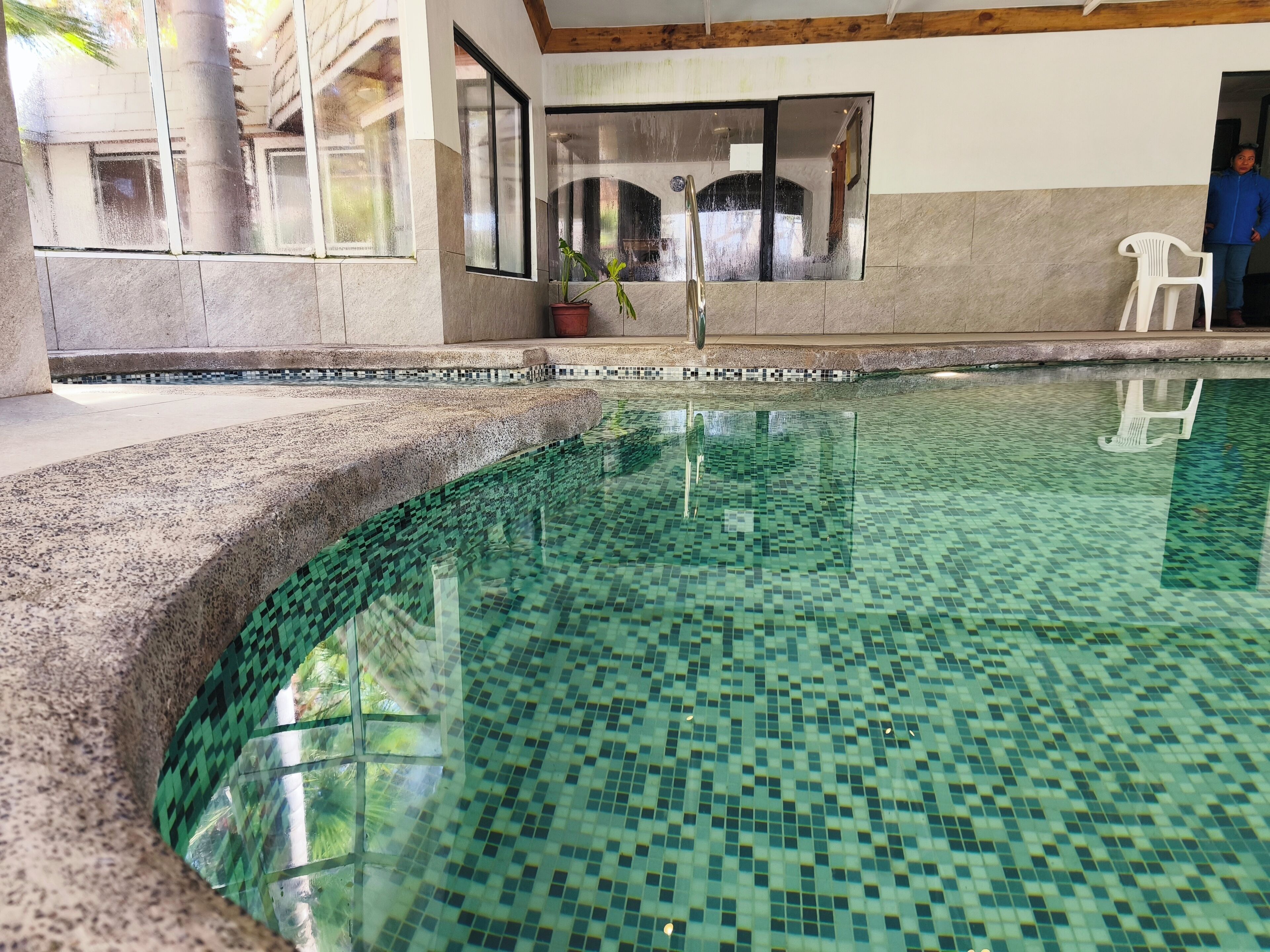 Una piscina con mosaicos, una planta en maceta y una silla de plástico blanca.