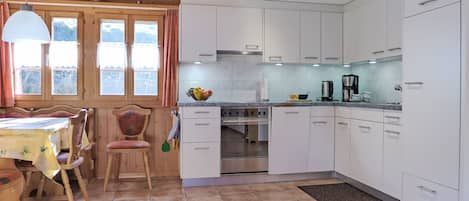 Fridge, dishwasher, cookware/dishes/utensils