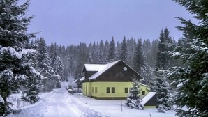 Una casa cubierta de nieve con un camino de acceso empinado, rodeada de árboles de hoja perenne.