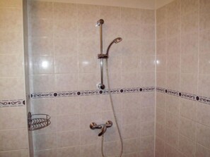 A shower with a handheld showerhead and a wall-mounted faucet. - Karlovka by Interhome (Janov nad Nisou)