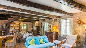 Ein rustikales Interieur mit freiliegenden Holzbalken, einer gemütlichen Sitzecke mit einem blauen Sofa, einem Esstisch und einem Bücherregal voller Bücher.