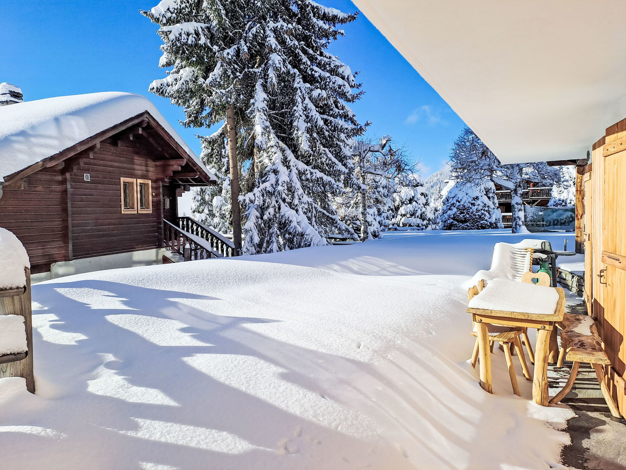 Une cabane en bois avec un escalier menant à une terrasse, entourée d’arbres couverts de neige.
